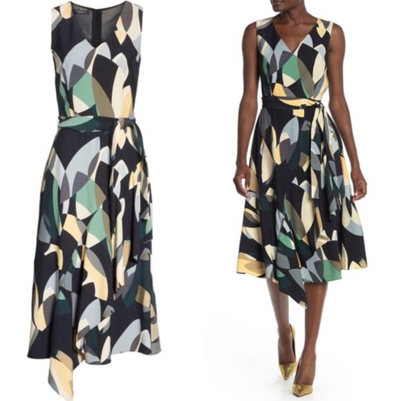 Lafayette 148 Abstract Telson Crepe Tie Belted Ruffle Midi Dress Sleeveless 4 - Picture 1 of 10